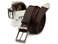 Elegancki, brązowy, skórzany pasek męski do spodni z metalową klamrą klasyczną 125 cm