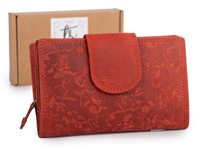 Duży portfel damski skórzany szyty ręcznie z kwiatowym wzorem czerwony