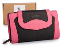 Duży portfel damski czarno-różowy, uszyty z miękkiej skóry naturalnej Franko