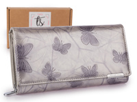 Jennifer Jones srebrny lakierowany portfel damski z motylkami duży RFID