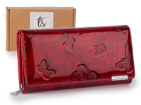 Jennifer Jones czerwony lakierowany portfel damski z motylkami duży RFID