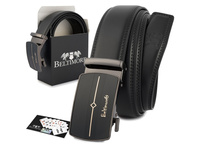 Elegancki, czarny pasek męski skórzany z klamrą automatyczną 125 cm Beltimore