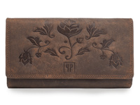 Ciemnobrązowy skórzany portfel damski vintage z tłoczeniem kwiatowym Paolo Peruzzi