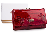 Lakierowany czerwony portfel damski z wytłoczonym wzorem motylków Gregorio