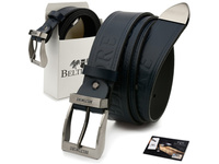 Elegancki, granatowy, skórzany pasek męski do spodni z metalową klamrą klasyczną 125 cm