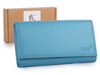 Jasnoniebieski portfel damski skórzany, duży, poziomy Franko