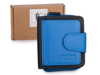 Średniej wielkości portfel damski w kolorze czarno-niebieskim skórzany Franko